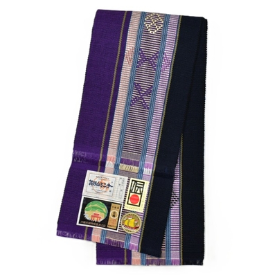 八重山ミンサー 半幅帯 藍 緑 グラデーション 草木染｜石垣市織物事業